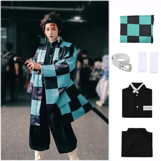 Demon Slayer Merch – Tanjiro Kamado Checkered Haori Kimono Set